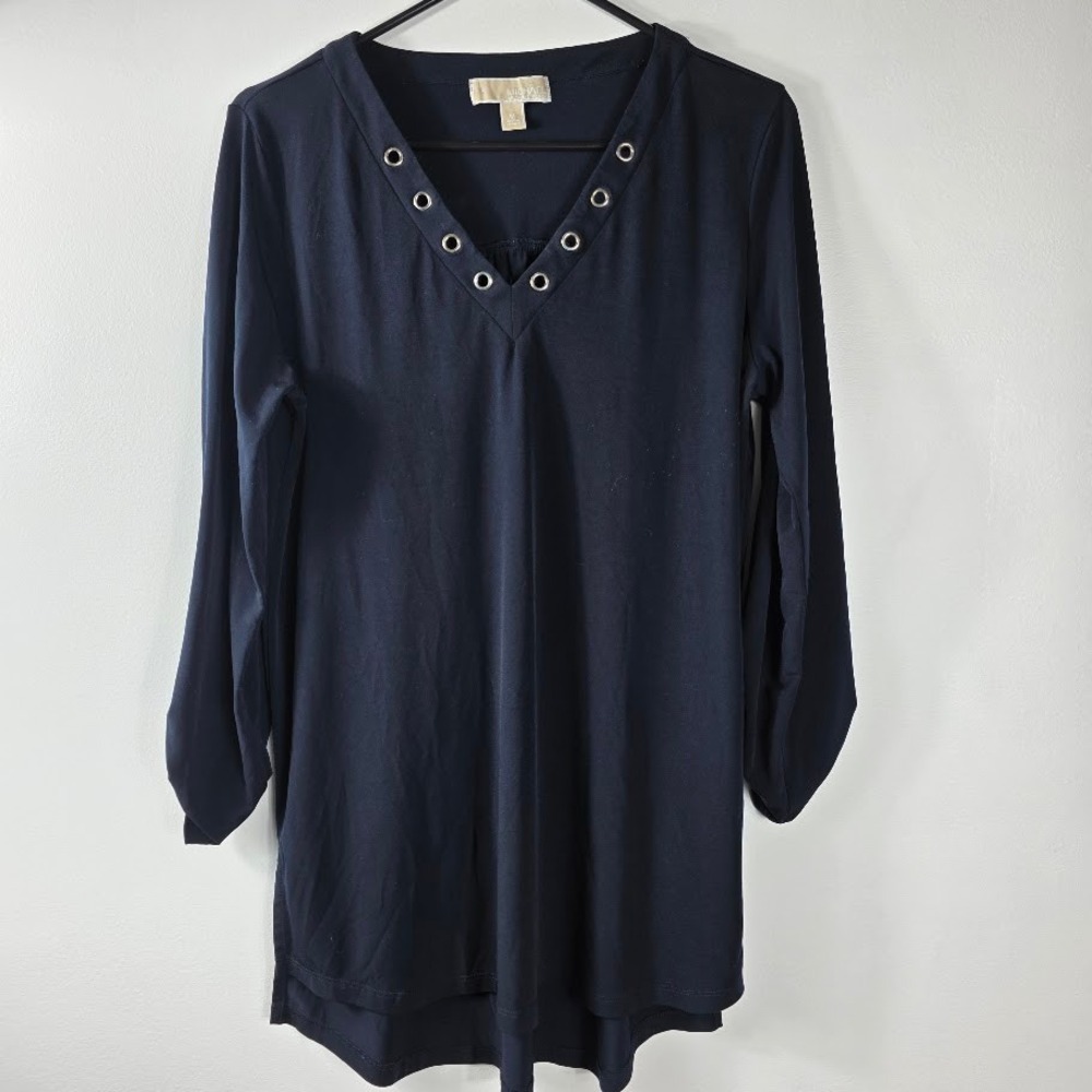 Michael Kors Navy Blue V Neck Grommet Detail Long Sleeve Tunic Top M